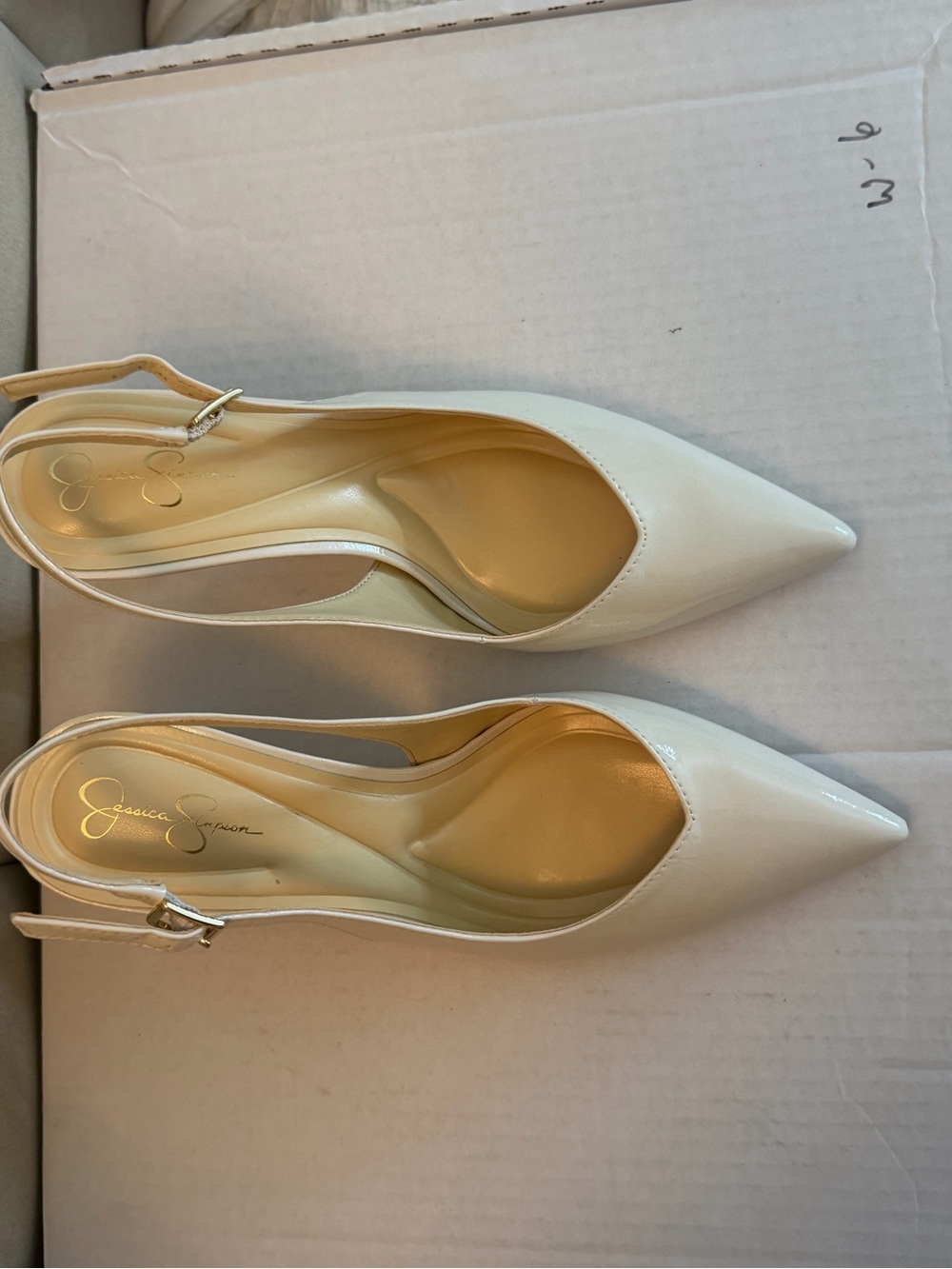 Jessica Simpson Cream Patent Pointed Toe Slingback Pumps